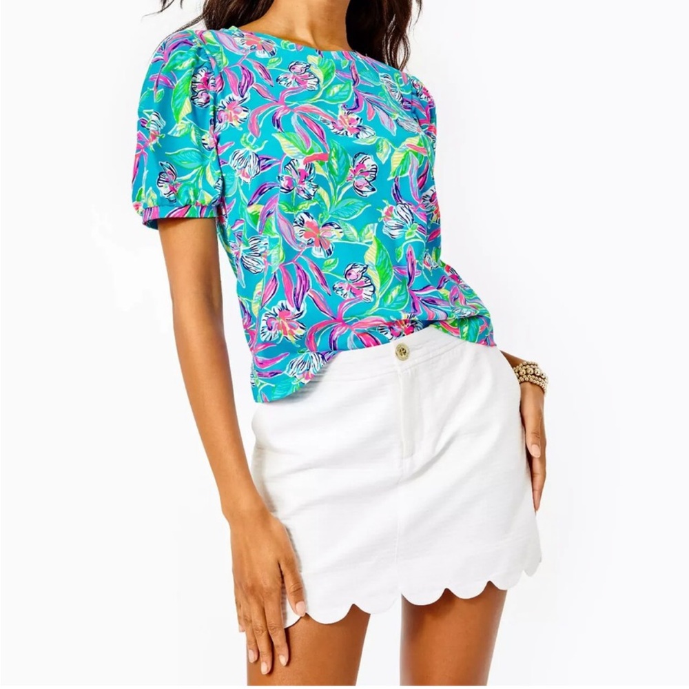 Lilly Pulitzer Rhett Top Womens Keep On Beliefing Formentera Turquoise M - Picture 2 of 16